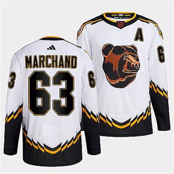 Men%27s Boston Bruins #63 Brad Marchand 2022 White Reverse Retro Stitched Jersey Dzhi